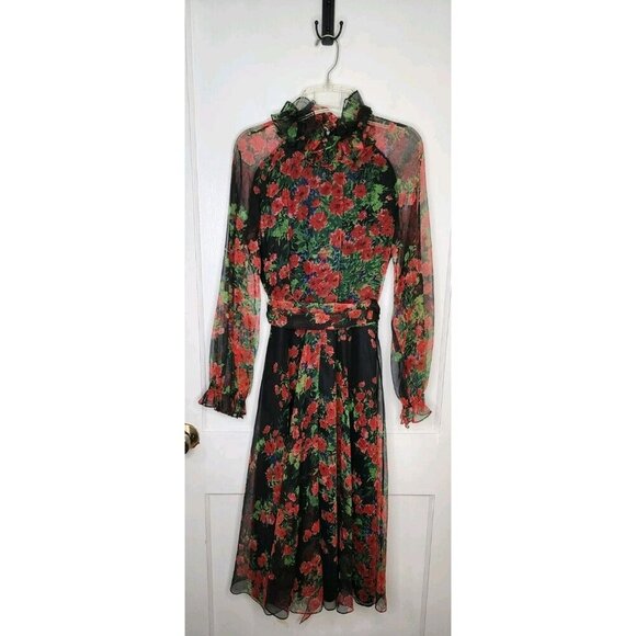 Vintage RONA New York - Chiffon Maxi Dress Black Red Floral Union Label Size S - Picture 1 of 7